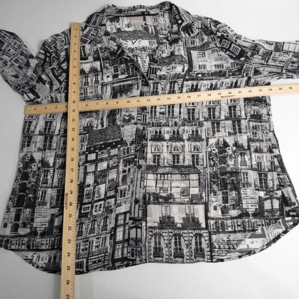 Chicos Cityscape Sheer Chiffon Button Shirt 3 (XL)‎ Monochrome Urban Retro Artsy - Picture 4 of 16